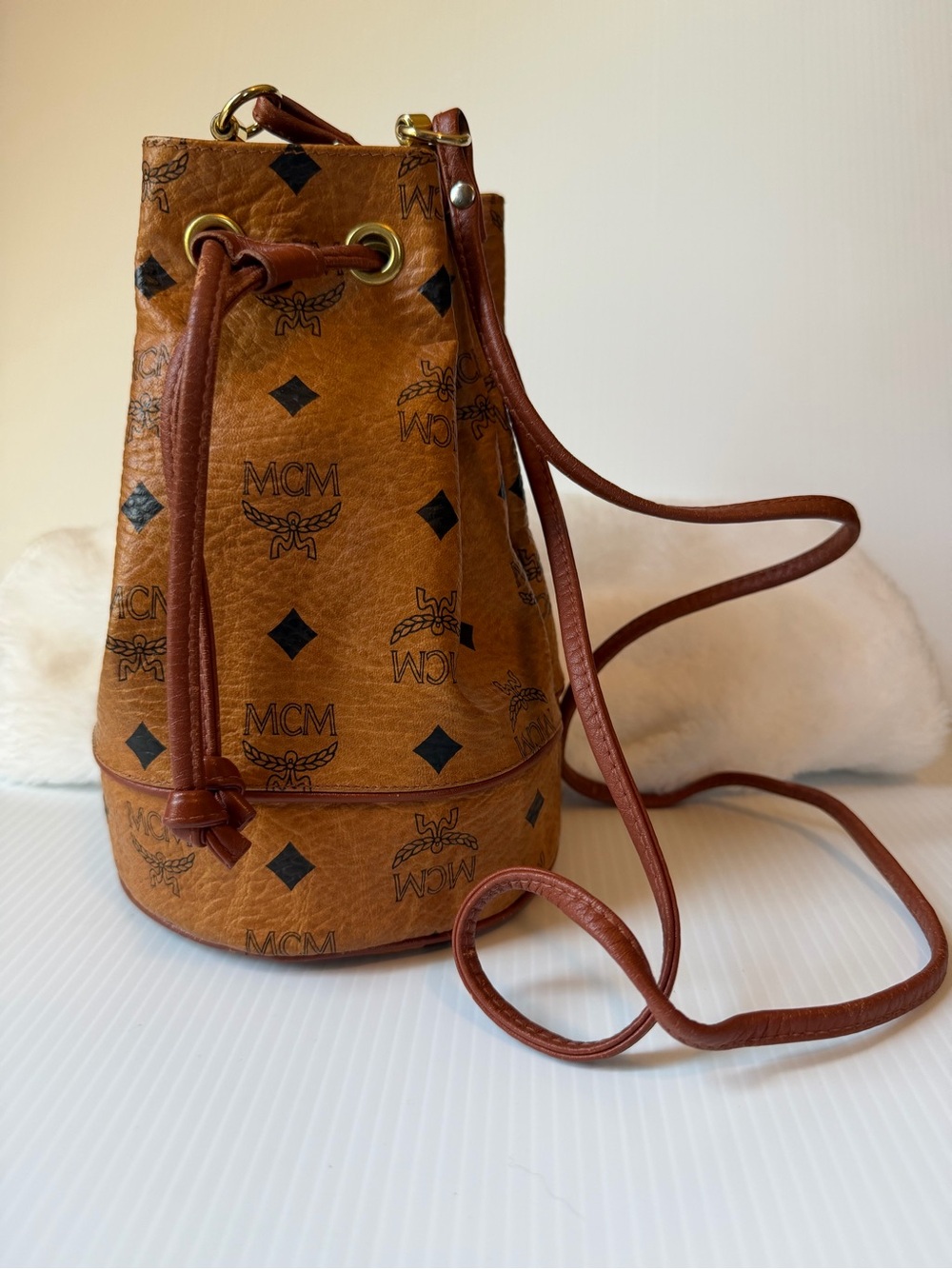 MCM Cognac Visetos Leather Mini Bucket Bag